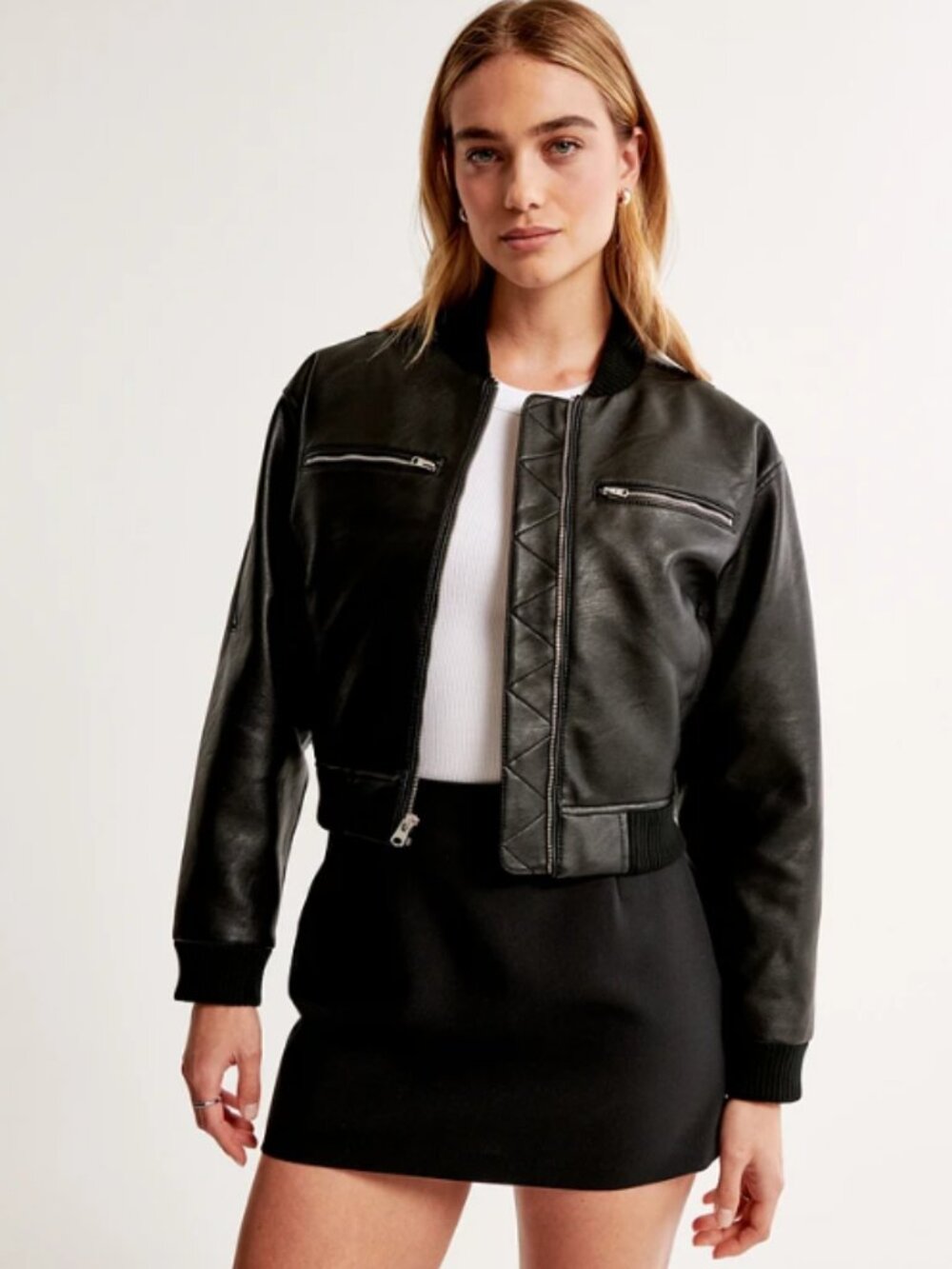 Abercrombie Cropped Vegan Leather Bomber Jacket, Black Women’s Large